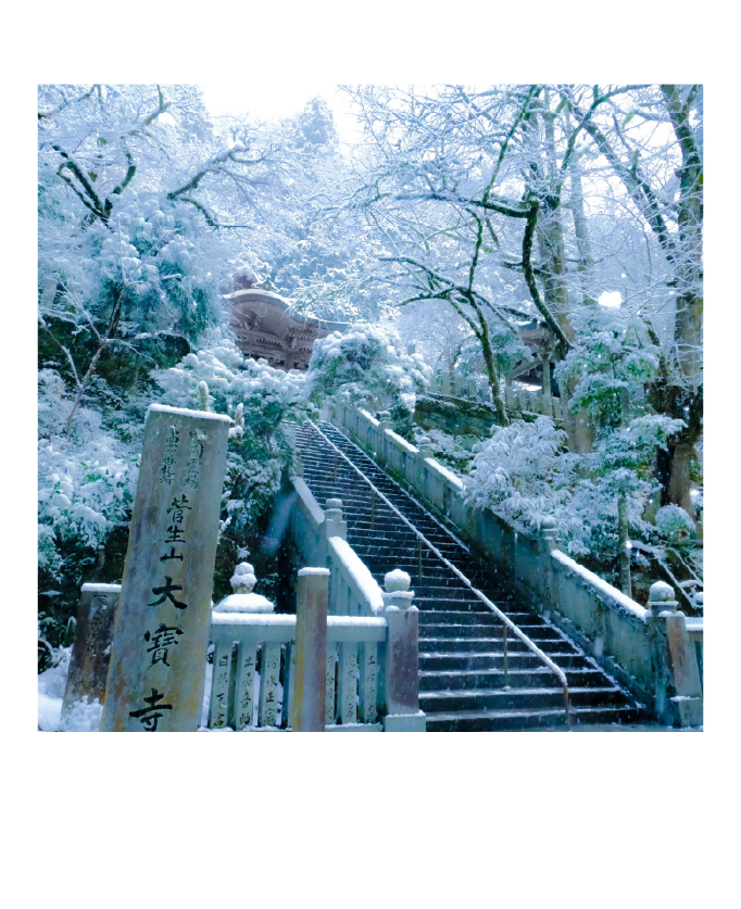 久万高原町にある大寶寺の雪景色。静寂に包まれた参道と石段